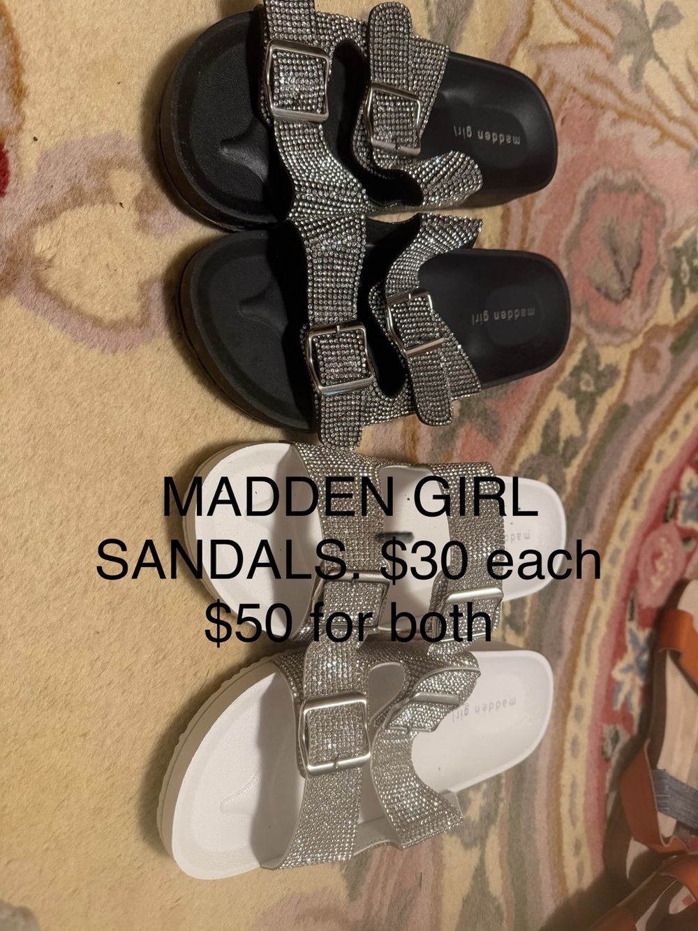 Madden Girl Rhinestone Double Buckle Slides - Black & White